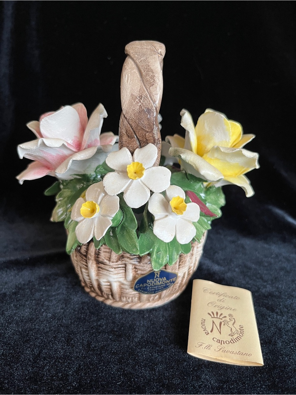 Vintage Nuova Capodimonte Porcelain hand-made pink & yellow roses Basket Italy